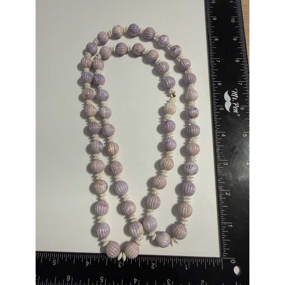 Vintage‎ Purple White Fluted Bead Necklace Long Strand Melon Beads 30 Inch